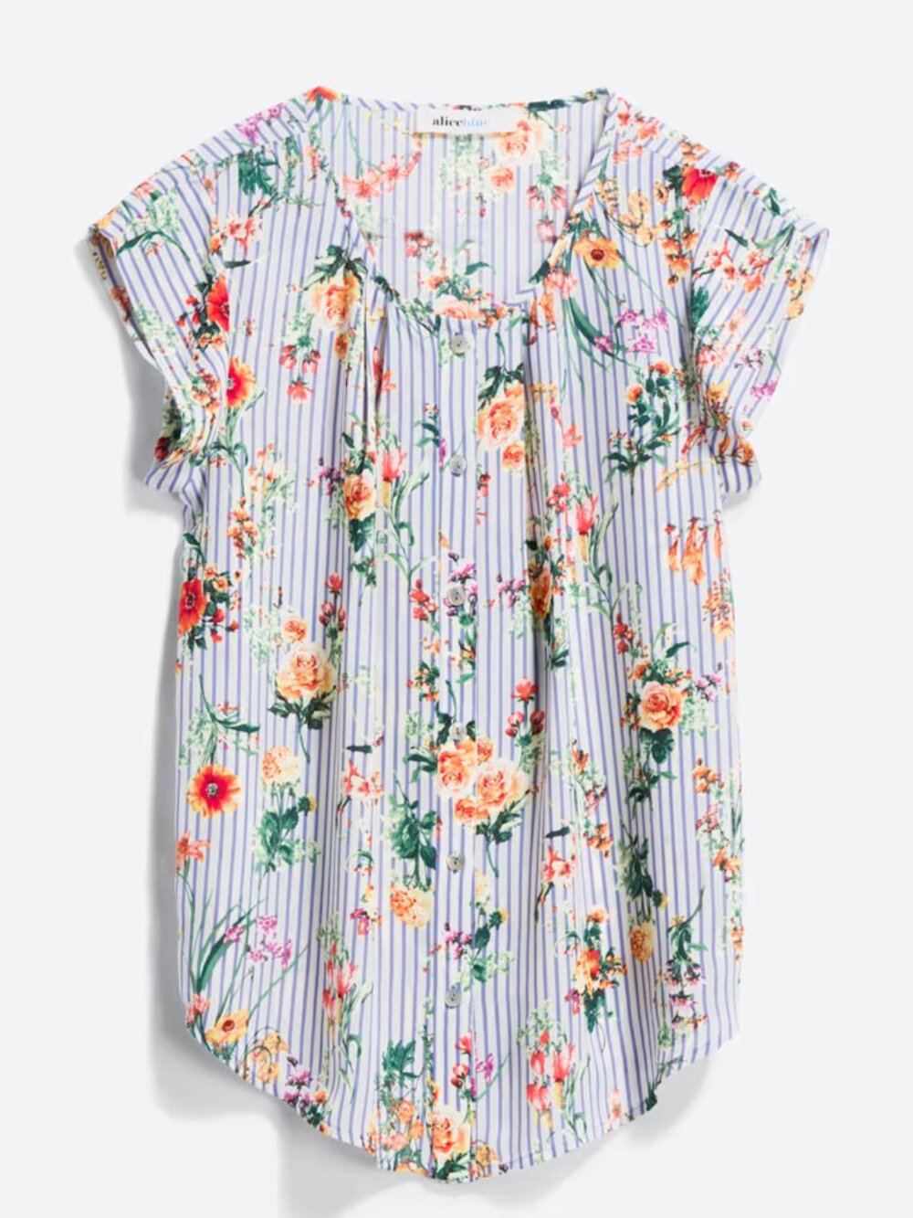 Alice Blue Floral Stripe Button-Front Blouse in White and Navy